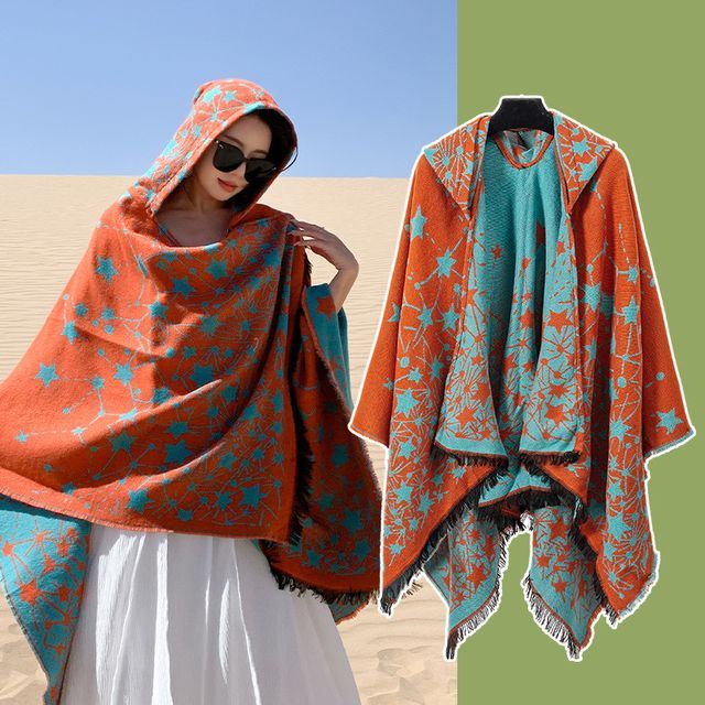 Print Fringed Hooded Cape SpreePicky