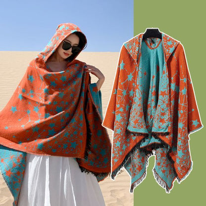 Print Fringed Hooded Cape SpreePicky