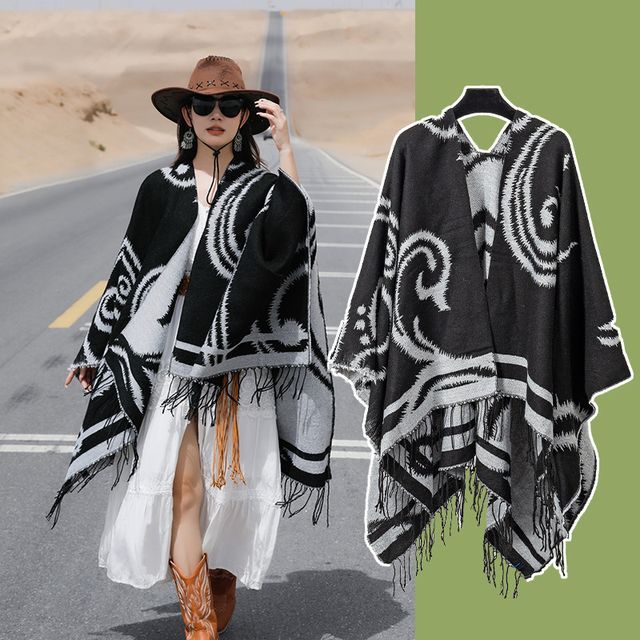 Print Fringed Shawl SpreePicky