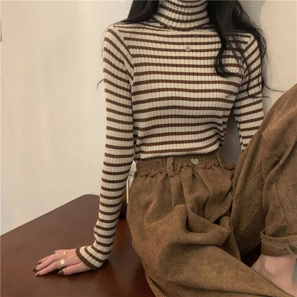 Long-Sleeve Turtleneck Striped Ribbed Knit Top SpreePicky