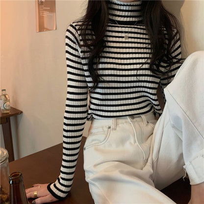 Long-Sleeve Turtleneck Striped Ribbed Knit Top SpreePicky