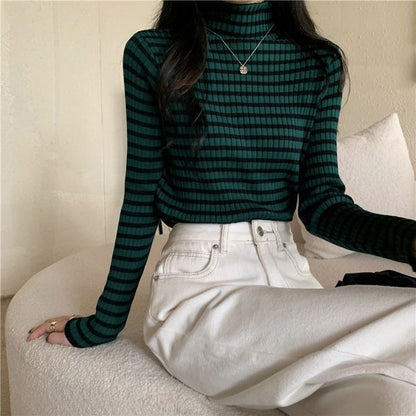 Long-Sleeve Turtleneck Striped Ribbed Knit Top SpreePicky