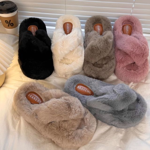 Plain Fluffy Platform Slippers SpreePicky