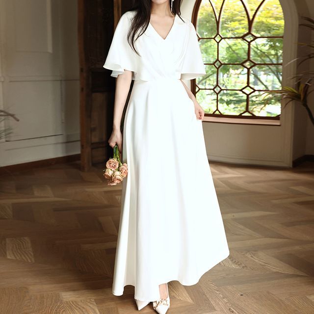 Elbow-Sleeve V-Neck Plain Maxi A-Line Dress SpreePicky