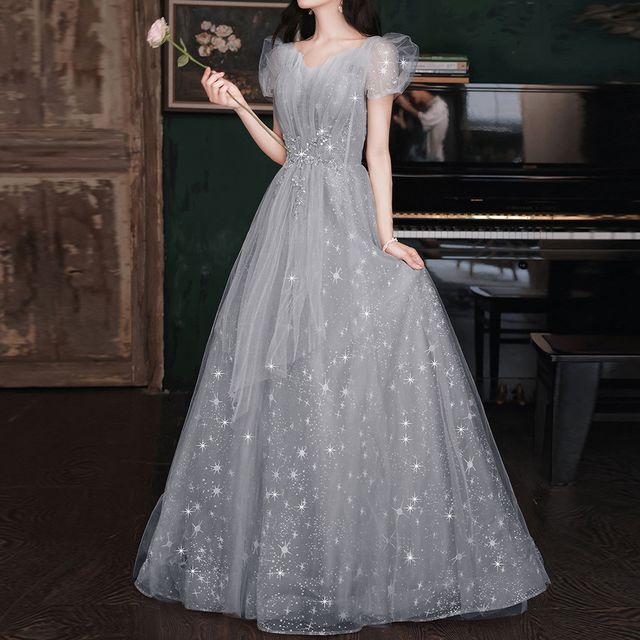 Puff-Sleeve Sweetheart Neckline Sequin Mesh A-Line Evening Gown SpreePicky