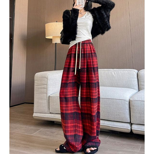 Plaid High Rise Wide Leg Drawstring Sweatpants SpreePicky