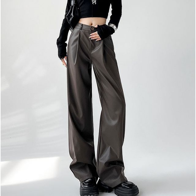 Mid Waist Faux Leather Wide Leg Plain Suit Pants SpreePicky