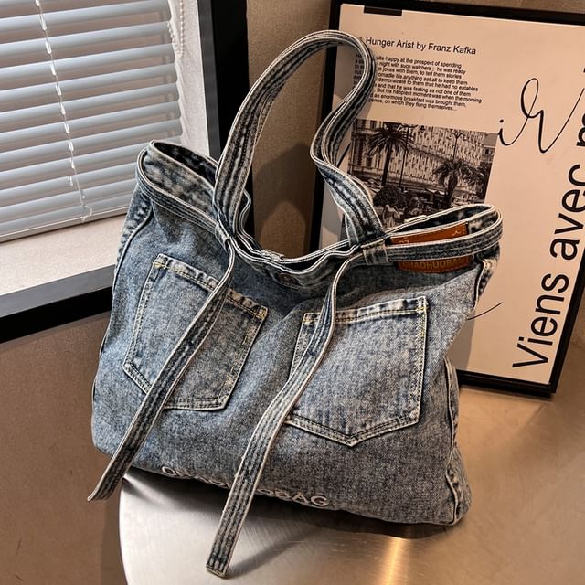 Lettering Washed Denim Tote Bag SpreePicky