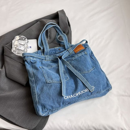 Lettering Washed Denim Tote Bag SpreePicky