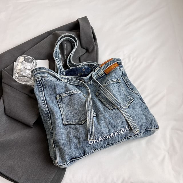 Lettering Washed Denim Tote Bag SpreePicky