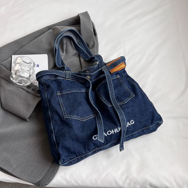 Lettering Washed Denim Tote Bag SpreePicky