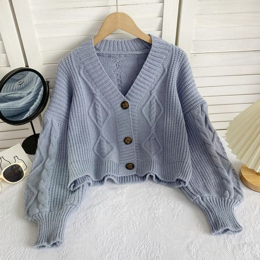 V-Neck Plain Button-Up Cable Knit Cardigan mySite