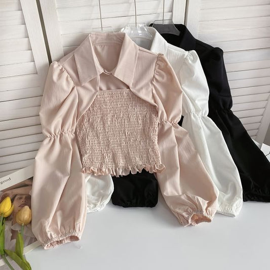 Puff-Sleeve Plain Smocked Shirred Blouse mySite