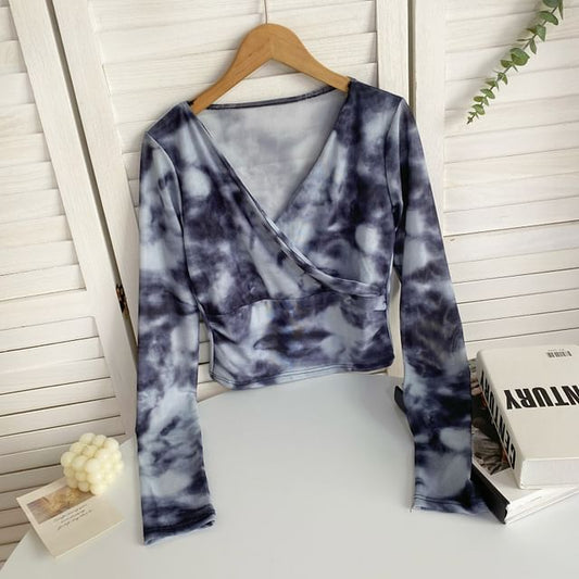 Long-Sleeve V-Neck Floral Print Wrap Mesh Top mySite