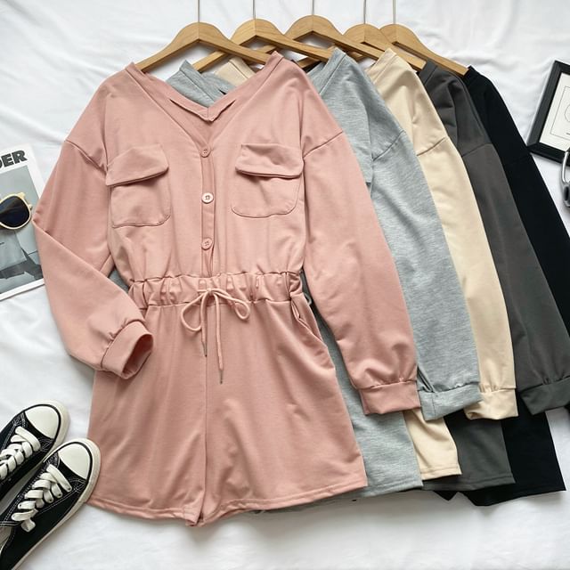 Long-Sleeve V-Neck Plain Button-Up Drawstring Romper mySite