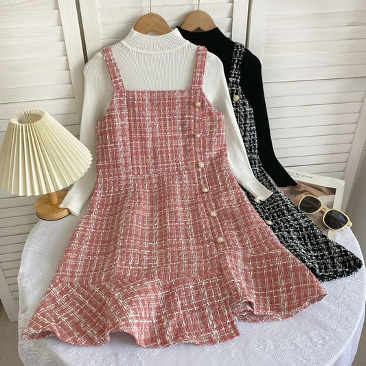 Set: Long-Sleeve High Neck Plain Ribbed Knit Top + Tweed Plaid Mini Dungaree Dress mySite