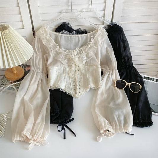 Puff-Sleeve Scoop Neck Lace Ruffle Lace-Up Crop Blouse mySite