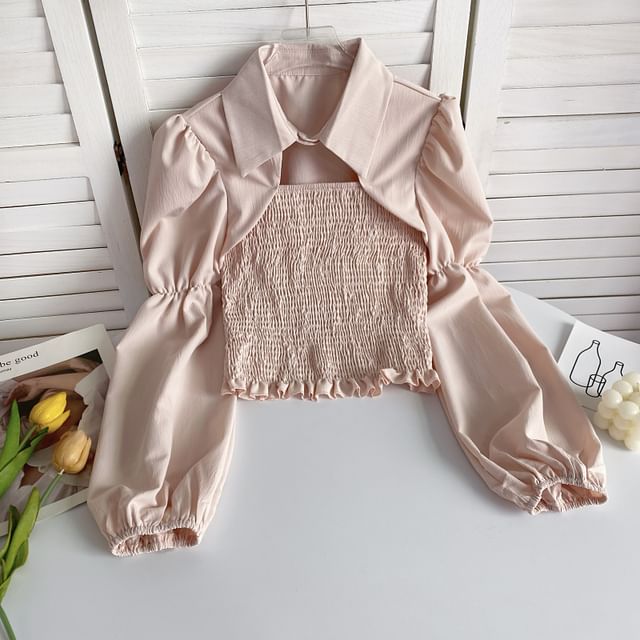 Puff-Sleeve Plain Smocked Shirred Blouse mySite