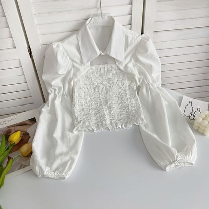 Puff-Sleeve Plain Smocked Shirred Blouse mySite