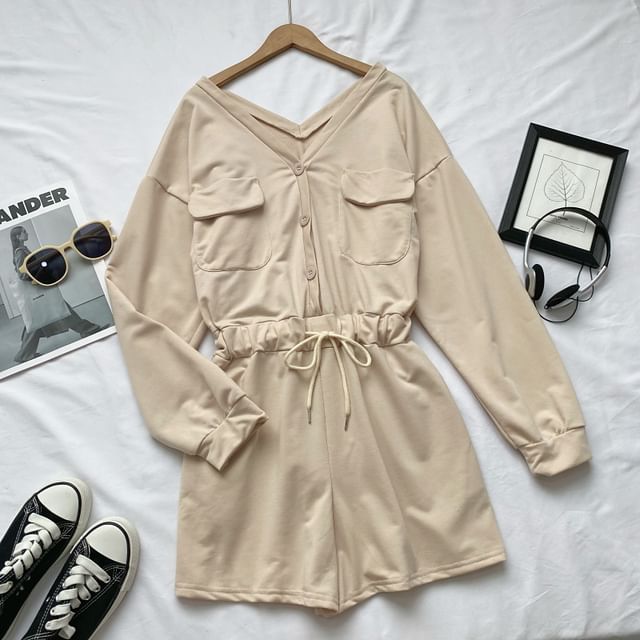 Long-Sleeve V-Neck Plain Button-Up Drawstring Romper mySite