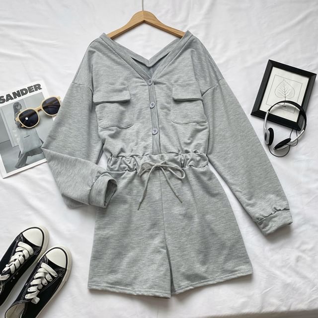 Long-Sleeve V-Neck Plain Button-Up Drawstring Romper mySite