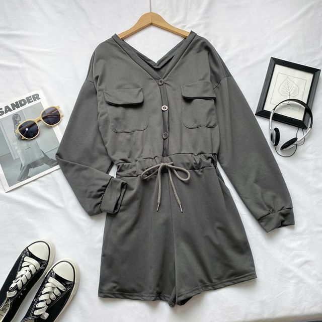 Long-Sleeve V-Neck Plain Button-Up Drawstring Romper mySite