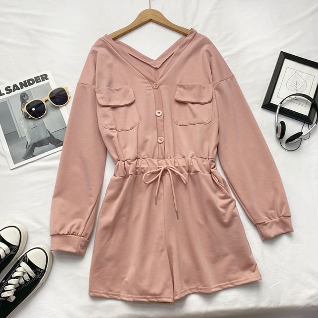 Long-Sleeve V-Neck Plain Button-Up Drawstring Romper mySite