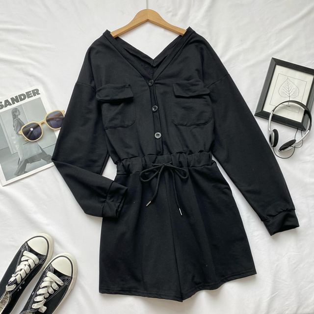 Long-Sleeve V-Neck Plain Button-Up Drawstring Romper mySite