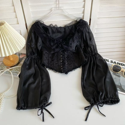 Puff-Sleeve Scoop Neck Lace Ruffle Lace-Up Crop Blouse mySite