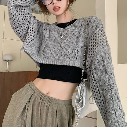 Crewneck Cable Knit Plain Crop Sweater SpreePicky