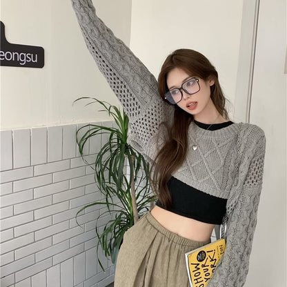 Crewneck Cable Knit Plain Crop Sweater SpreePicky