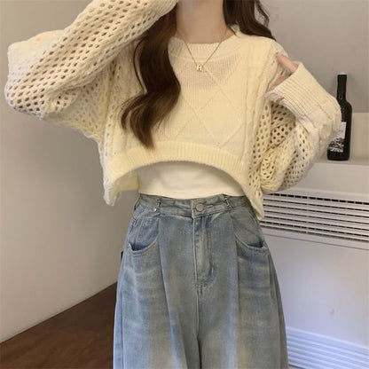 Crewneck Cable Knit Plain Crop Sweater SpreePicky