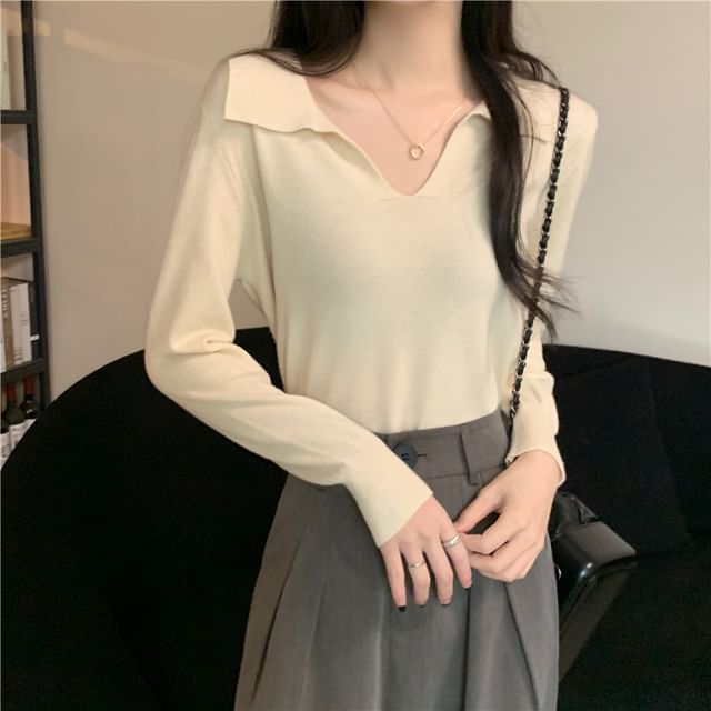 Long-Sleeve Collared Plain Knit Top SpreePicky