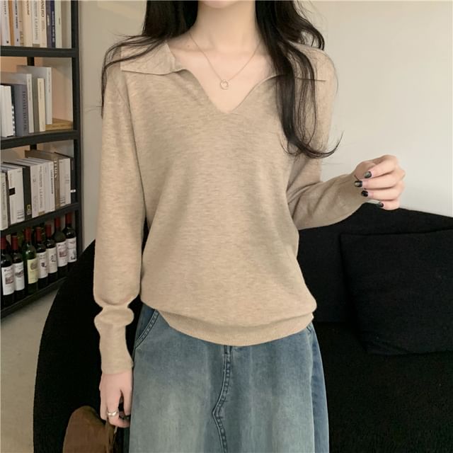 Long-Sleeve Collared Plain Knit Top SpreePicky