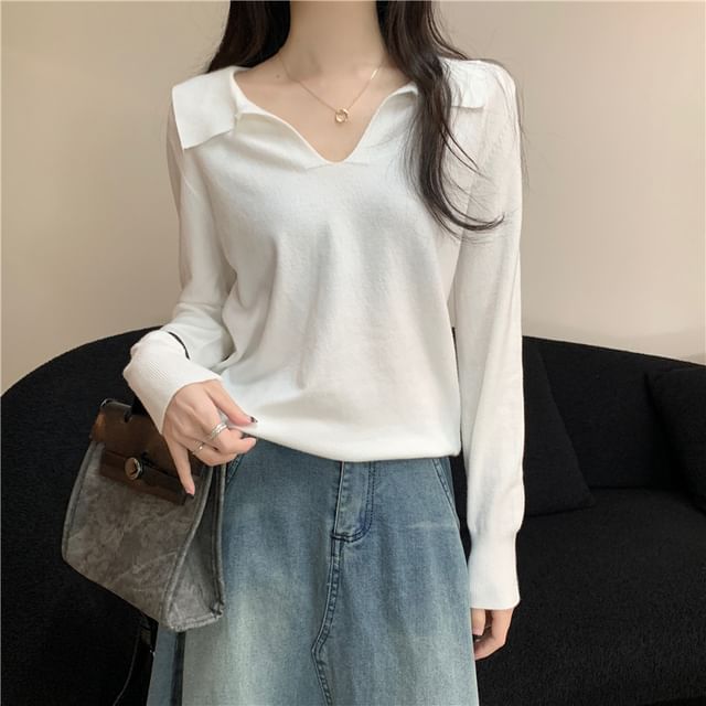 Long-Sleeve Collared Plain Knit Top SpreePicky