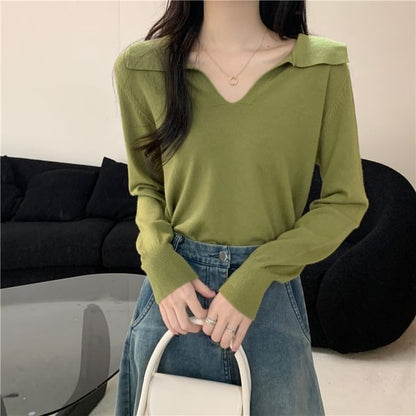 Long-Sleeve Collared Plain Knit Top SpreePicky