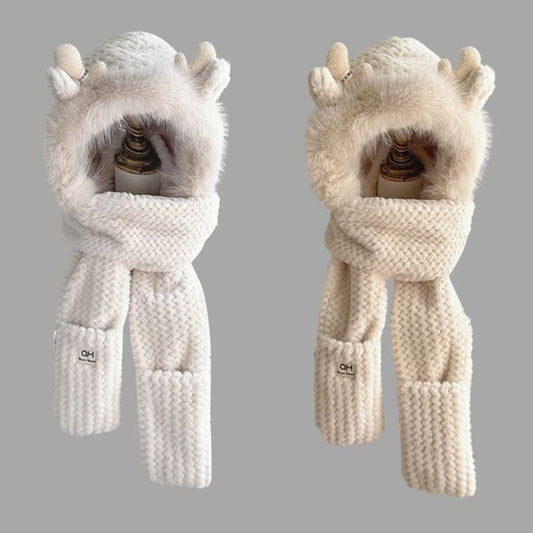 Deer Horn Chenille Knit Hooded Scarf with Mittens SpreePicky