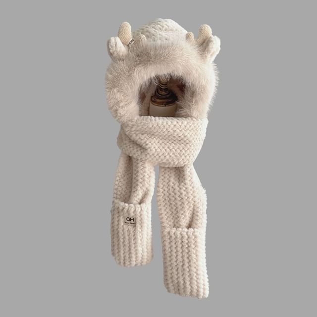 Deer Horn Chenille Knit Hooded Scarf with Mittens SpreePicky