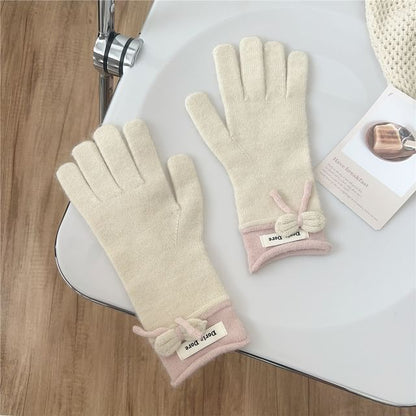 Lettering Applique Bow Knit Gloves SpreePicky