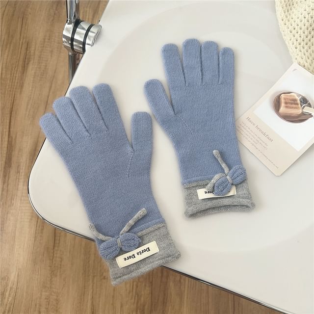 Lettering Applique Bow Knit Gloves SpreePicky