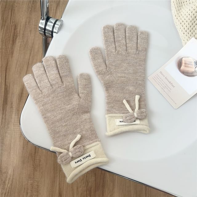 Lettering Applique Bow Knit Gloves SpreePicky