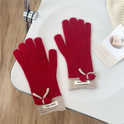 Lettering Applique Bow Knit Gloves SpreePicky