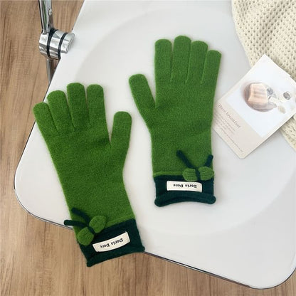 Lettering Applique Bow Knit Gloves SpreePicky