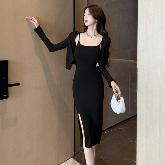 Set: Spaghetti Strap Plain Slit Midi Sheath Dress + Bolero SpreePicky