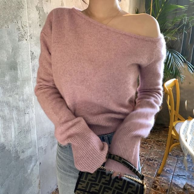 One-Shoulder Plain Sweater mySite