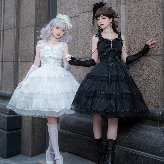 Lolita Spaghetti Strap V-Neck Ruffle Trim  Tiered A-Line Dress / Gloves / Set mySite