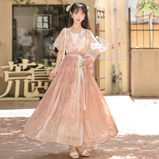 Short-Sleeve Lolita Floral Wrap Top / Camisole Top / High Waist Maxi A-Line Skirt / Set mySite