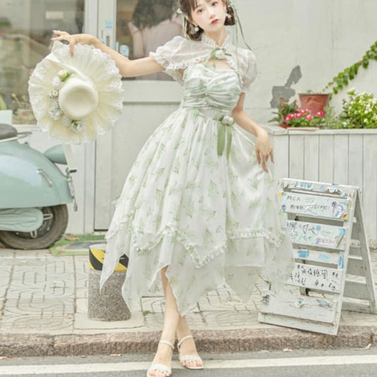 Lolita Spaghetti Strap Floral Print Midi Dress  / Lace Shrug / Set mySite