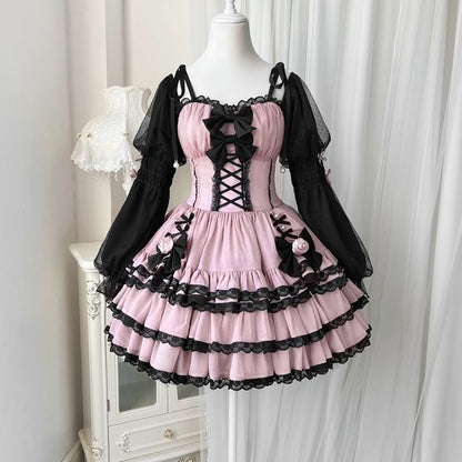 Lolita Long-Sleeve Square Neck Lace Trim Mini A-Line Dress / Crinoline / Set mySite