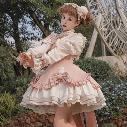 Lolita Long-Sleeve Collared Bow Lace Trim Mini A-Line Dress / Crinoline / Set mySite